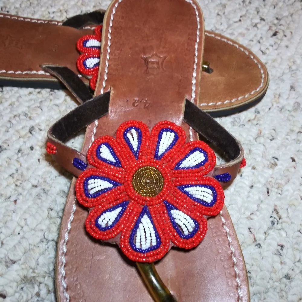 Boho Handmade Red, White, Blue & Gold Beaded Flower Thong Sandals - Picture 3 of 9